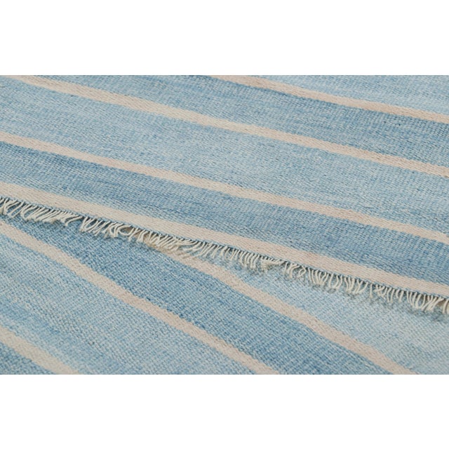 Textile Vintage Dhurrie Rug With Blue Stripes and Cream White Accents - Rug & Kilim For Sale - Image 7 of 7