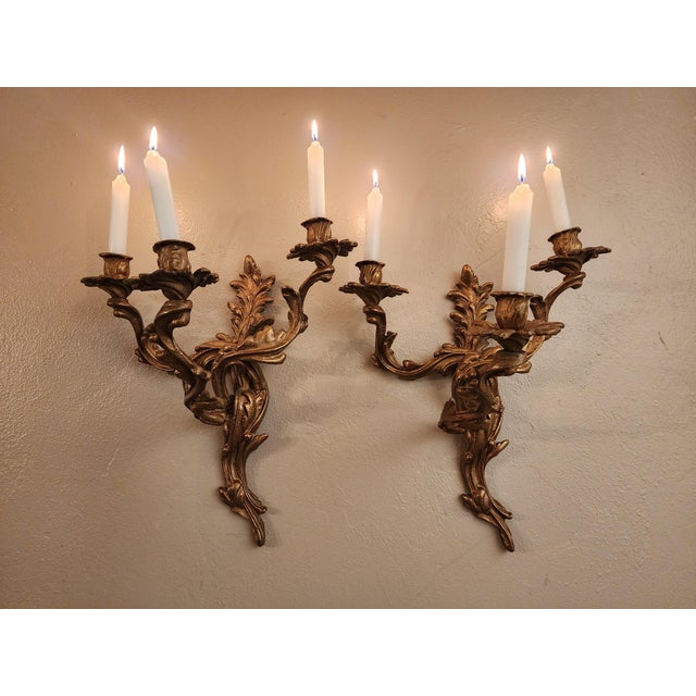 Early 20th Century Antique Art Nouveau Pair Heavy Cast Gilt Brass 3 Light Wall Sconces With Aged Patina For Sale - Image 5 of 16