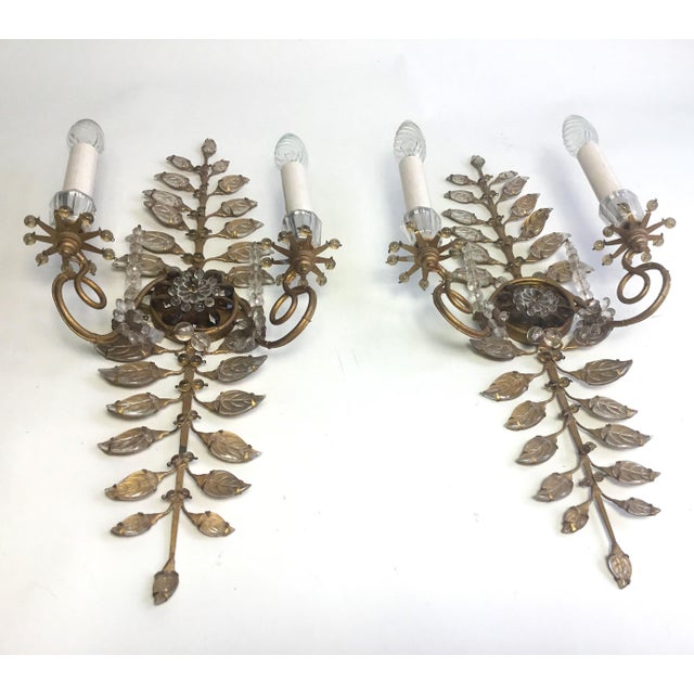 Stunning pair of vintage floral sconces by Banci Firenze in gilded metal with crystal flowers and leaves. I have official...