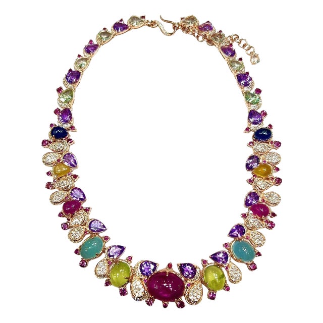Bochic “Capri” Vintage Red Ruby & Yellow Sapphire Necklace Set in 18K & Silver For Sale