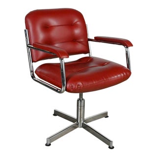 Vintage Mid-Century Modern Cordovan Faux Leather & Chrome 4 Prong Base Swivel Desk Chair For Sale