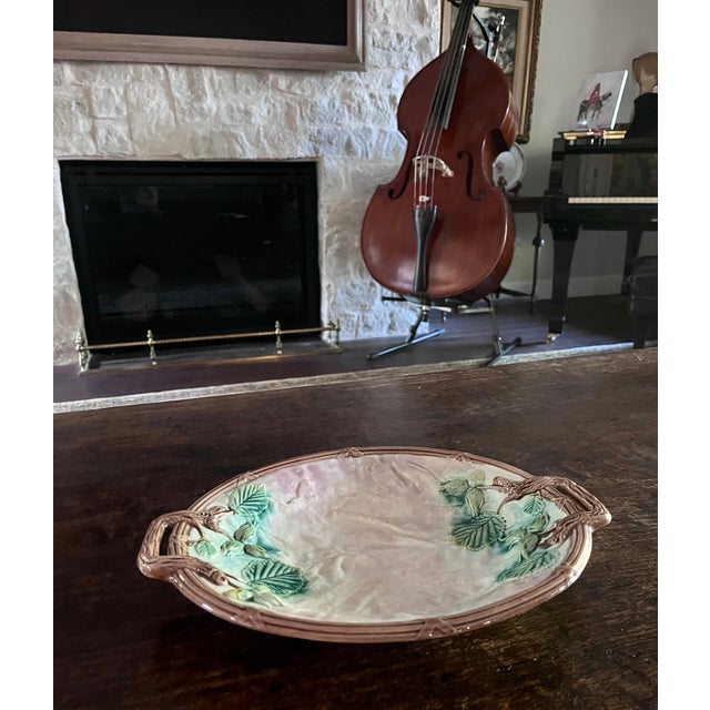 Green Antique French Majolica Hand Painted Double Handle Plate For Sale - Image 8 of 12