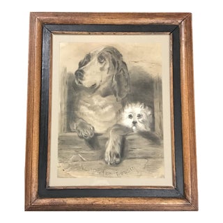 British Drawing of a Dog and Cat Signed and Dated 1887 "Waiting for Jessie" For Sale