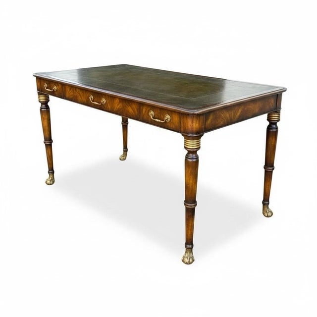 Traditional English Regency Style Tolled Leather and Walnut Writing Desk Table For Sale - Image 3 of 7