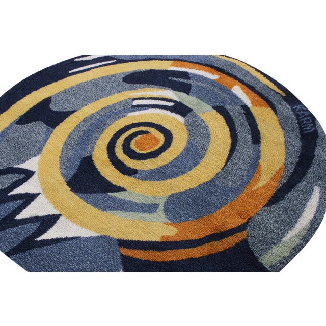 Mid-Century Modern Rug & Kilim’s Scandinavian Rya Style Circle rug in Blue, Yellow Abstract Pattern - 5D For Sale - Image 3 of 6