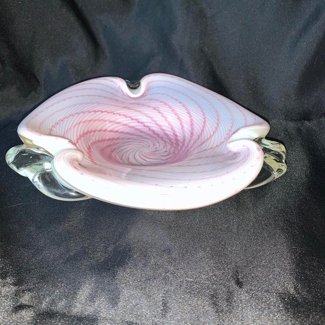 Glass Vintage Murano Art Glass Centerpiece Bowl Opalescent White W/ Pink Latticinio For Sale - Image 7 of 9
