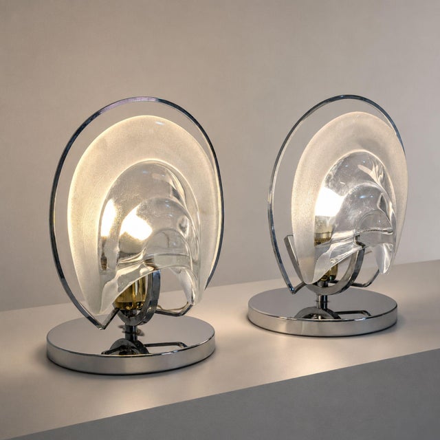 1970s 1970s Italian Mazzega Style Chrome and Murano Glass Table Lamps - Pair For Sale - Image 5 of 8