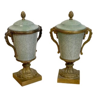 A French Ormolu Mounted Chinese Crackle Glaze Celadon Vases & Covers - a Pair For Sale