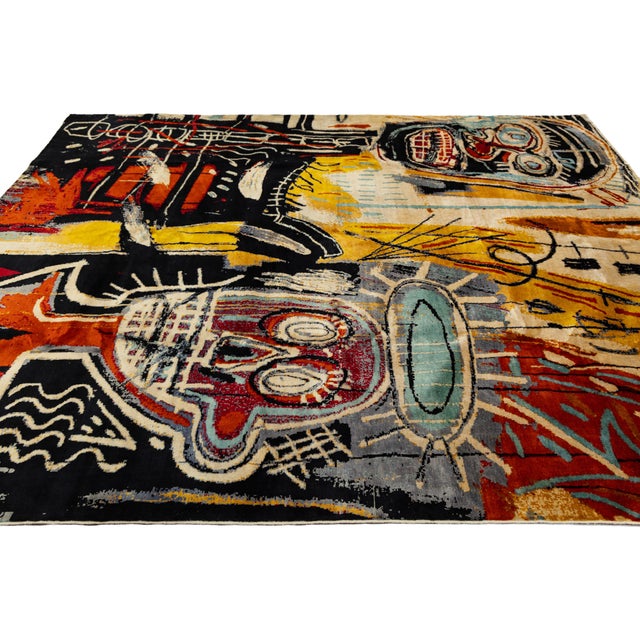 2020s Neo-Expressionist Basquiat-Style Hand-Knotted Wool Area Rug Avant-Garde Abstract For Sale - Image 5 of 12