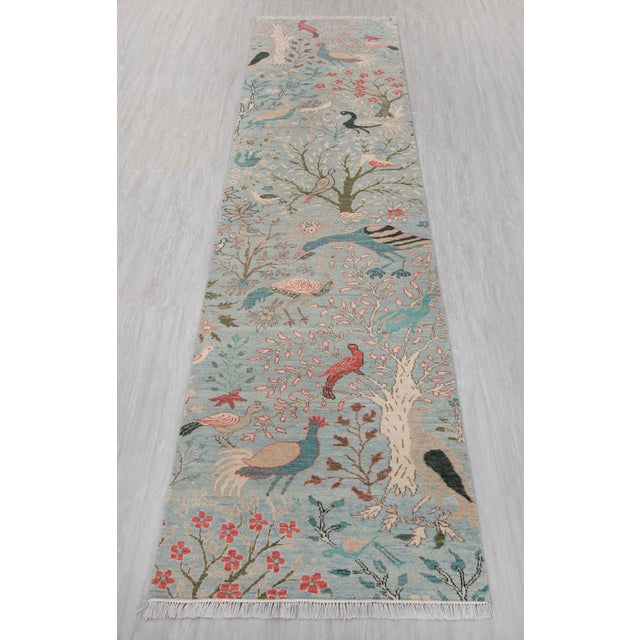 2.6x12ft. Light Blue Peacock Bird Garden Hand Knotted Wool Rug For Sale - Image 16 of 17