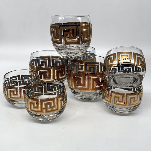1960s Vintage 22k Gold Greek Key Double Old Fashioned & Rocks Glasses Set of 8 For Sale - Image 5 of 12