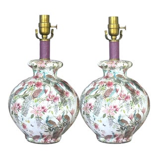 Chinoiserie, Hollywood Regency, English Traditional Peacock Botanical Ceramic Urn Table Lamp Bases, Studio Original Statement Piece - A Pair For Sale
