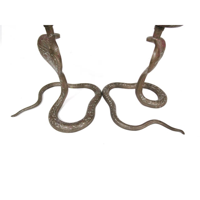 Pair of Vintage Hand-Engraved Brass Cobra Snake Candleholders For Sale In Austin - Image 6 of 16