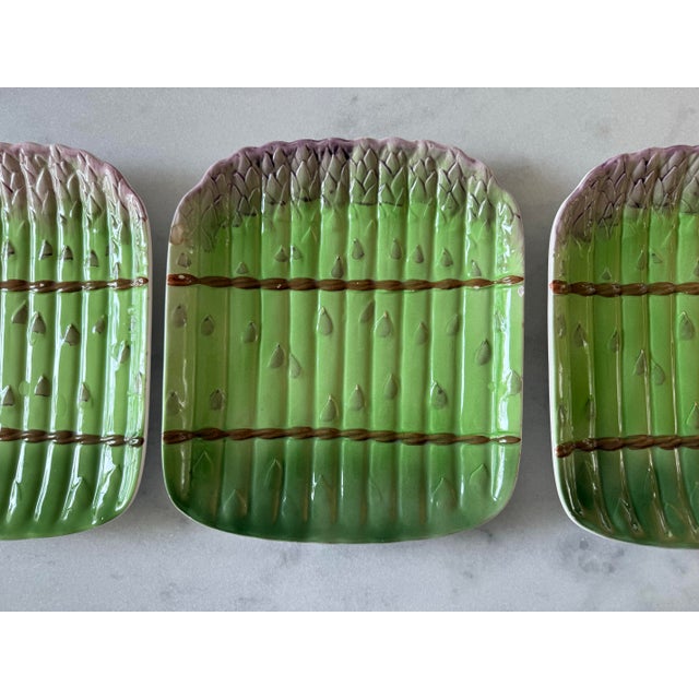 Set of 3 vintage hand painted Italian Majolica Asparagus small serving dishes or plates featuring pastel hues of green and...