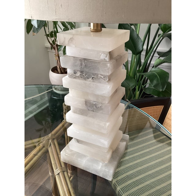 John-Richard John-Richard Stacked Alabaster Column Table Lamps With Raw Silk Shades - a Pair For Sale - Image 4 of 9