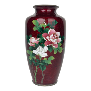 A Large Japanese Red Ground Enamel Vase With Roses