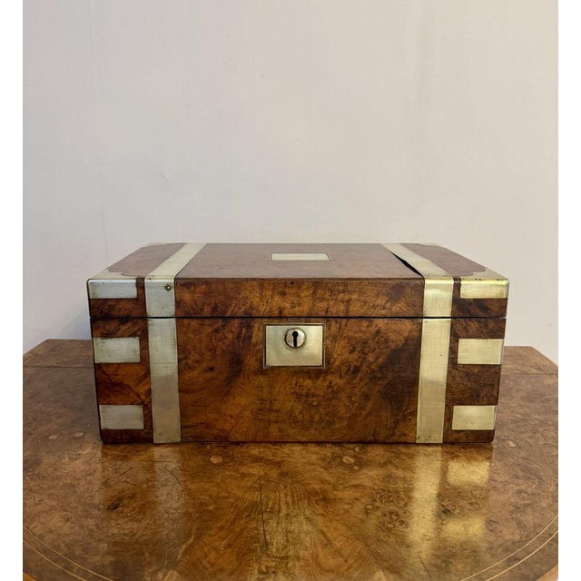 Wood Antique Victorian Burr Walnut Brass Bounded Writing Box, 1860 For Sale - Image 7 of 7