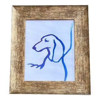 Contemporary Original Abstract Dog Painting in Blue Wide Frame Signed For Sale