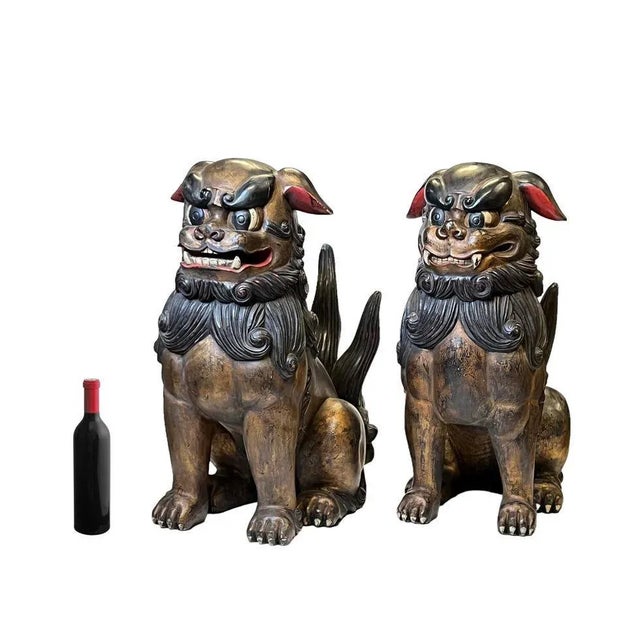 Early 20th Century Very Large Chinese or Japanese Carved Wooden Fu Lions - A Pair For Sale - Image 5 of 12