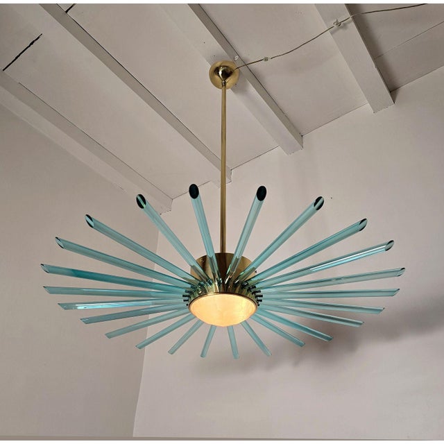 1980s Green Glass and Brass Sputnik Chandelier, Italy, Mid Century Modern For Sale - Image 4 of 11