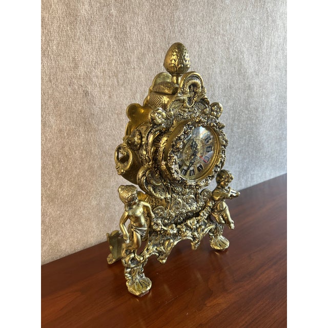 Brass Vintage Antique Reproduction Rococo Style Ornate Brass Clock With Cherubs For Sale - Image 8 of 12