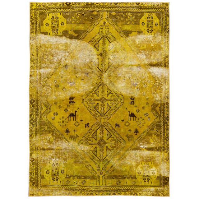 Vintage Distressed Turkish Handmade Yellow Tribal Wool Rug For Sale - Image 11 of 11
