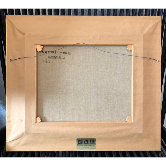 1980s Yoshio Aoyama, Japanese Fauvist Colorful Oil Painting Chinese Ceramic Jars with Fan and Apple, 1981 For Sale - Image 5 of 10