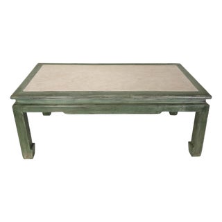 A Vintage Ming-Style Coffee Table With a Green and White Raffia Inlay. For Sale