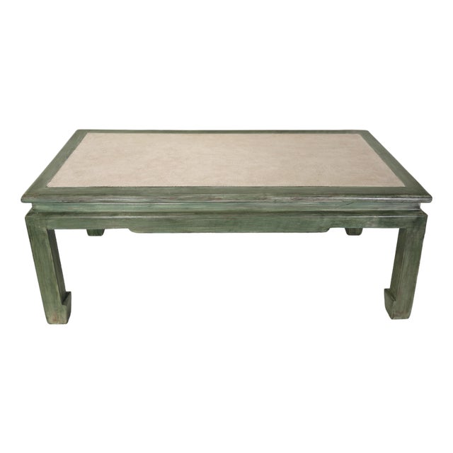 A Vintage Ming-Style Coffee Table With a Green and White Raffia Inlay. For Sale