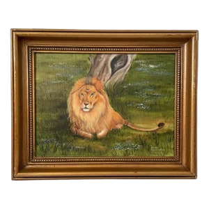 Vintage Signed Bobbi Harrington Oil Painting on of Lion in Repose