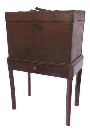 Immigrants Trunk Box Chest on Stand Old Red Paint/Stain "D.J. Stokes Trunk for Voyage to America" Side End Table