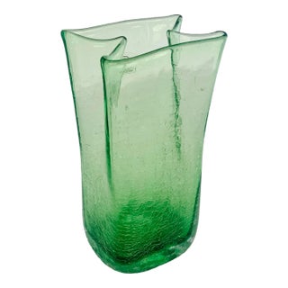 2009 Blenko Antique Green Paper Bag Blown Art Crackle Glass Vase Mid-Century Modern Style For Sale