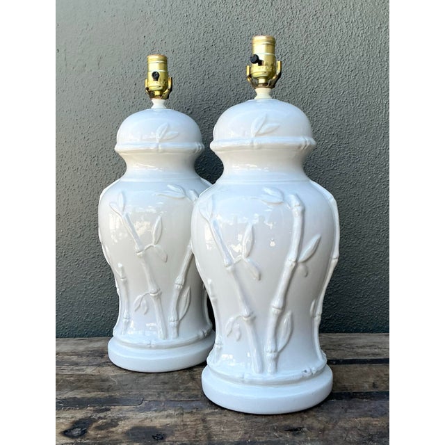 Vintage Glazed Ceramic Bamboo Lamps - A Pair For Sale - Image 10 of 12