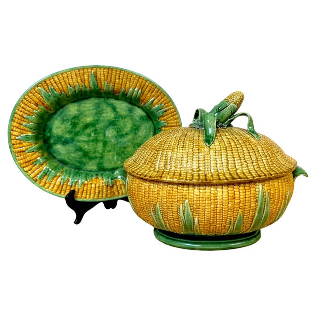 Ceramic Portuguese Majolica Corn Motif Tureen & Platter, by José A. Cunha For Sale - Image 7 of 18