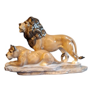 Porcelain Lion Couple Sculpture by Fritz Heidenreich for Rosenthal, 1970s For Sale