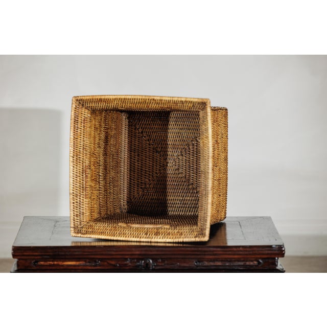 Country Style Square Handwoven Rattan Basket with Flared Rim and Side Handles For Sale - Image 17 of 18