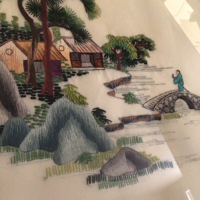 Framed Asian Embroidery Silk Thread Panel Featuring a Landscape River Scene For Sale - Image 10 of 12