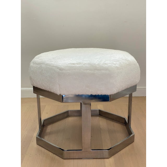 1970s Octagonal Chrome and Faux Shearling Stool in the Style of Milo Baughman For Sale - Image 11 of 11