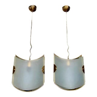 Pair of Italian Glass Brass Pendants Ceiling Lights For Sale