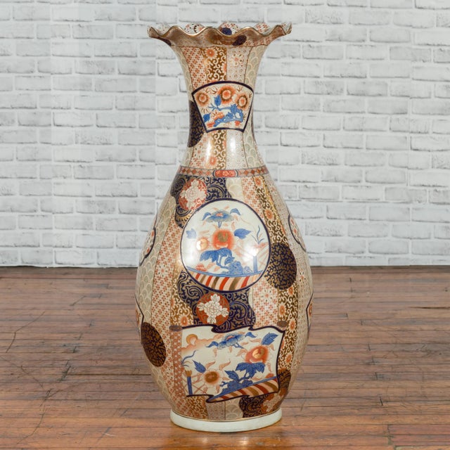 Mid 20th Century Tall Vintage Chinese Vase with Hand Painted Blue, Orange and Gold Floral Decor For Sale - Image 5 of 11