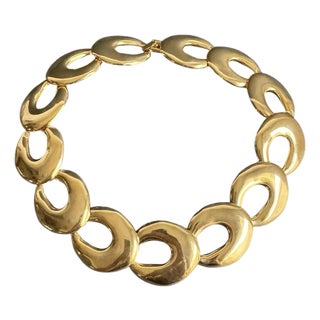 Vintage Chunky Gold Tone Collar Necklace Statement Maximalist Crescent Moon C Link 17" For Sale