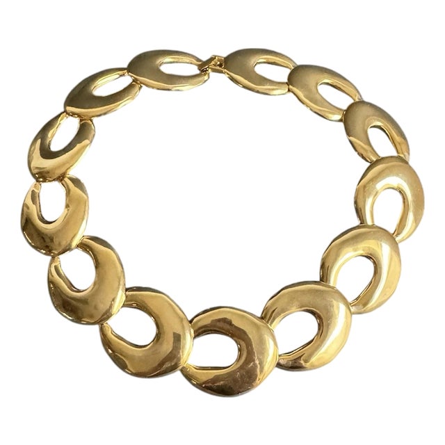 Vintage Chunky Gold Tone Collar Necklace Statement Maximalist Crescent Moon C Link 17" For Sale