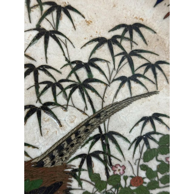Early Meiji Japanese Cloisonne Enamel Charger White Ground Pheasant and Peonies For Sale - Image 12 of 14