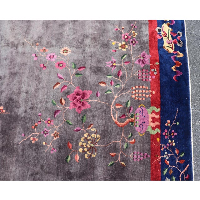 Early 20th Century Antique Art Deco Rug in Soft Grey Field With Navy Blue and Red Border For Sale - Image 5 of 14