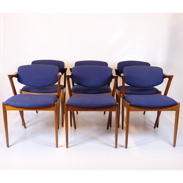 Model 42 Dining Room Chairs in Teak and Blue Fabric by Kai Kristiansen for Andersen Møbelfabrik, 1960s, Set of 6 For Sale - Image 10 of 14