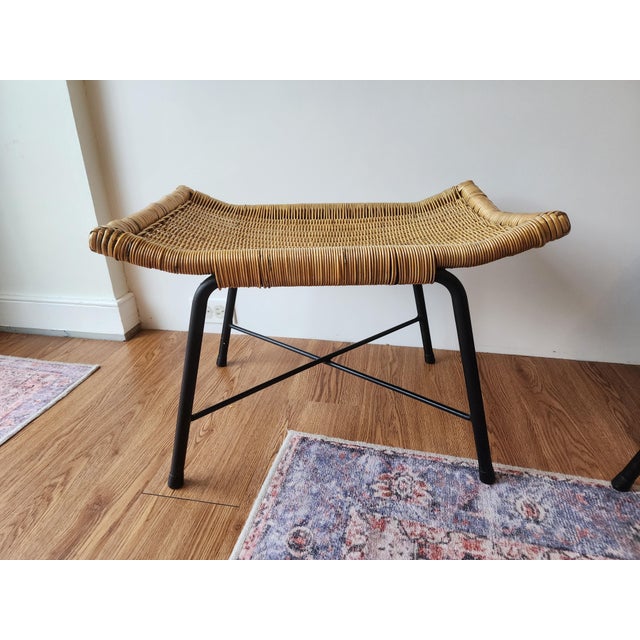 1960s Mid-Century Modern Rattan Stools Metal Bases- a Pair | Chairish
