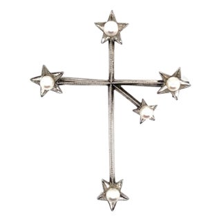 1990s Mikimoto Estate Akoya Pearl Cross Brooch Sterling Silver 4 mm For Sale