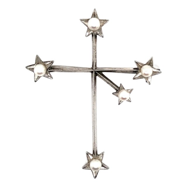 1990s Mikimoto Estate Akoya Pearl Cross Brooch Sterling Silver 4 mm For Sale