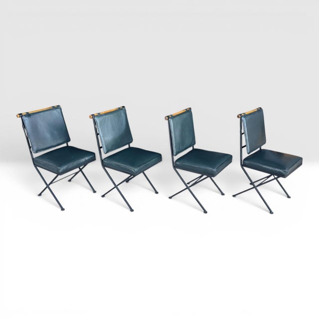 Sculptural Iron X-Frame Dining Chairs in Dark Green Leather – Set of 4 For Sale - Image 4 of 15