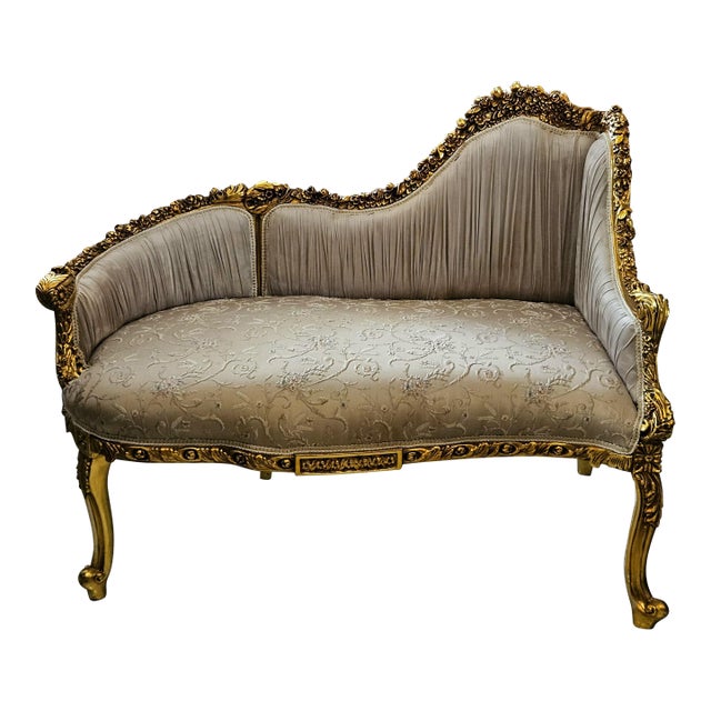 French Rococo Style Settee Sofa – Beige Embroidered Upholstery With Ornate Gold Leaf Frame For Sale